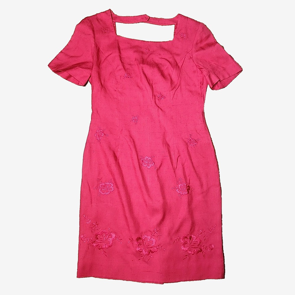 Vintage Liz Claiborne Silk Dress 10 Pink Floral Embroidered Square Neck Preppy